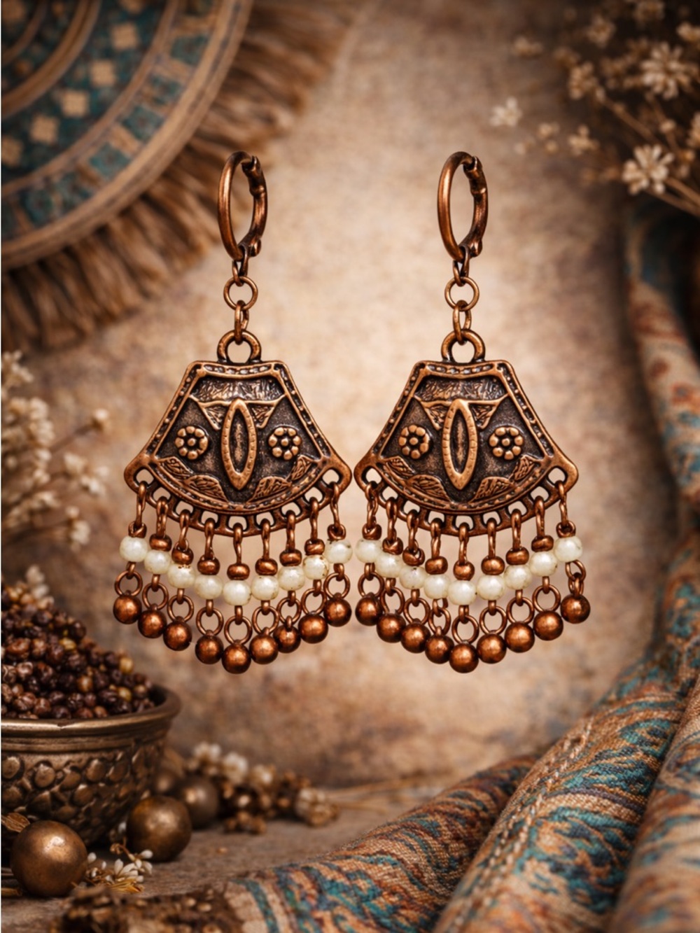 Boho Antique Copper Chandelier Earrings • Ethnic Statement Dangle • Cream Fringe